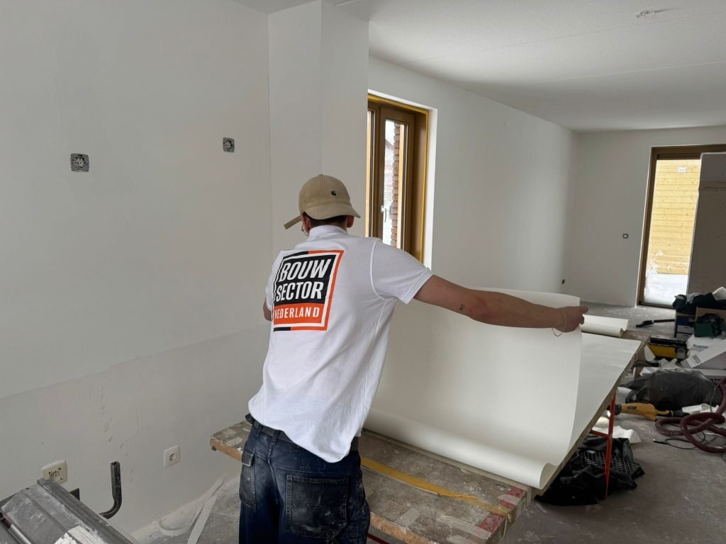 Vakman van Bouwsector Nederland brengt een baan renovlies aan in een nieuwbouwwoning