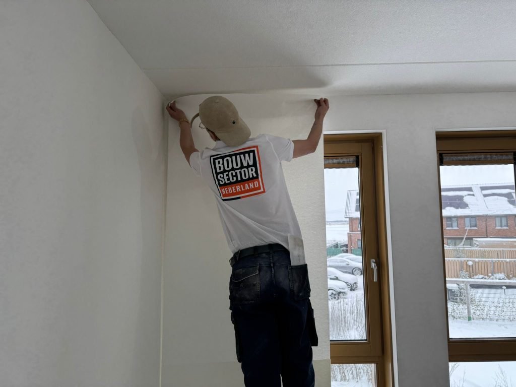 Vakman van Bouwsector Nederland drukt een baan vlies aan tegen het plafond